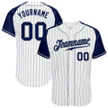 Custom Baseball Jersey - White Navy Pinstripe Navy-Gray Raglan Sleeves