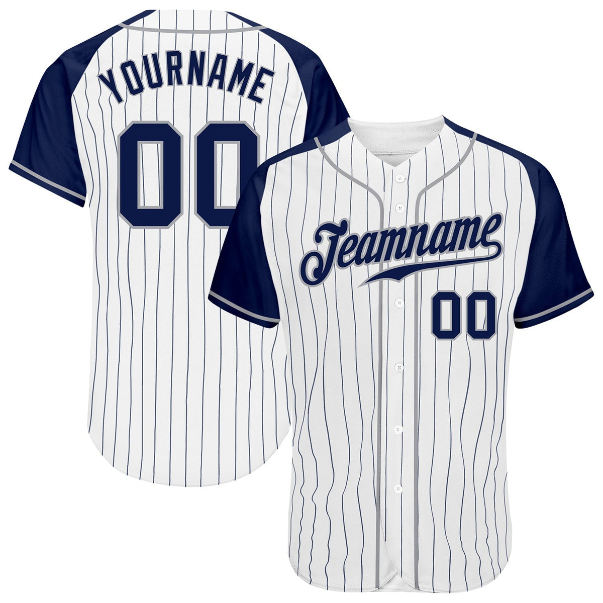 Custom Baseball Jersey - White Navy Pinstripe Navy-Gray Raglan Sleeves
