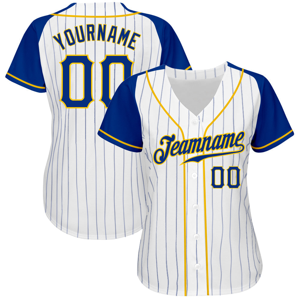 Custom Baseball Jersey - White Royal Pinstripe Royal-Gold Raglan Sleeves