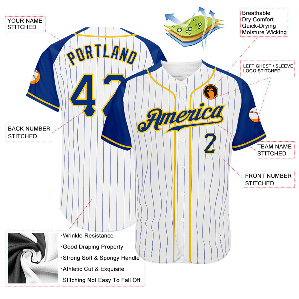 Custom Baseball Jersey - White Royal Pinstripe Royal-Gold Raglan Sleeves
