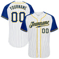 Custom Baseball Jersey - White Royal Pinstripe Royal-Gold Raglan Sleeves