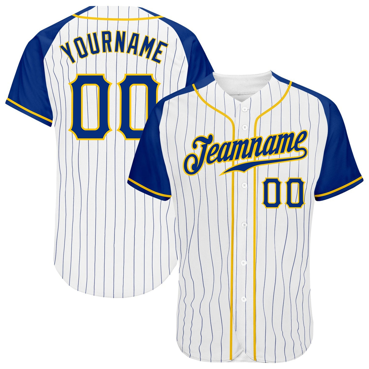 Custom Baseball Jersey - White Royal Pinstripe Royal-Gold Raglan Sleeves