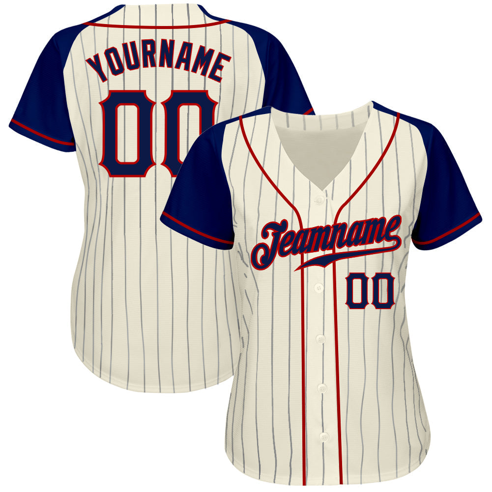 Custom Baseball Jersey - Cream Navy Pinstripe Navy-Red Raglan Sleeves
