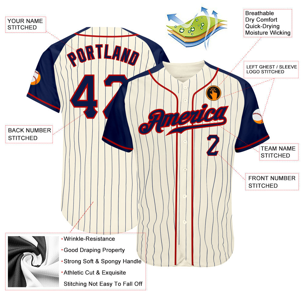Custom Baseball Jersey - Cream Navy Pinstripe Navy-Red Raglan Sleeves