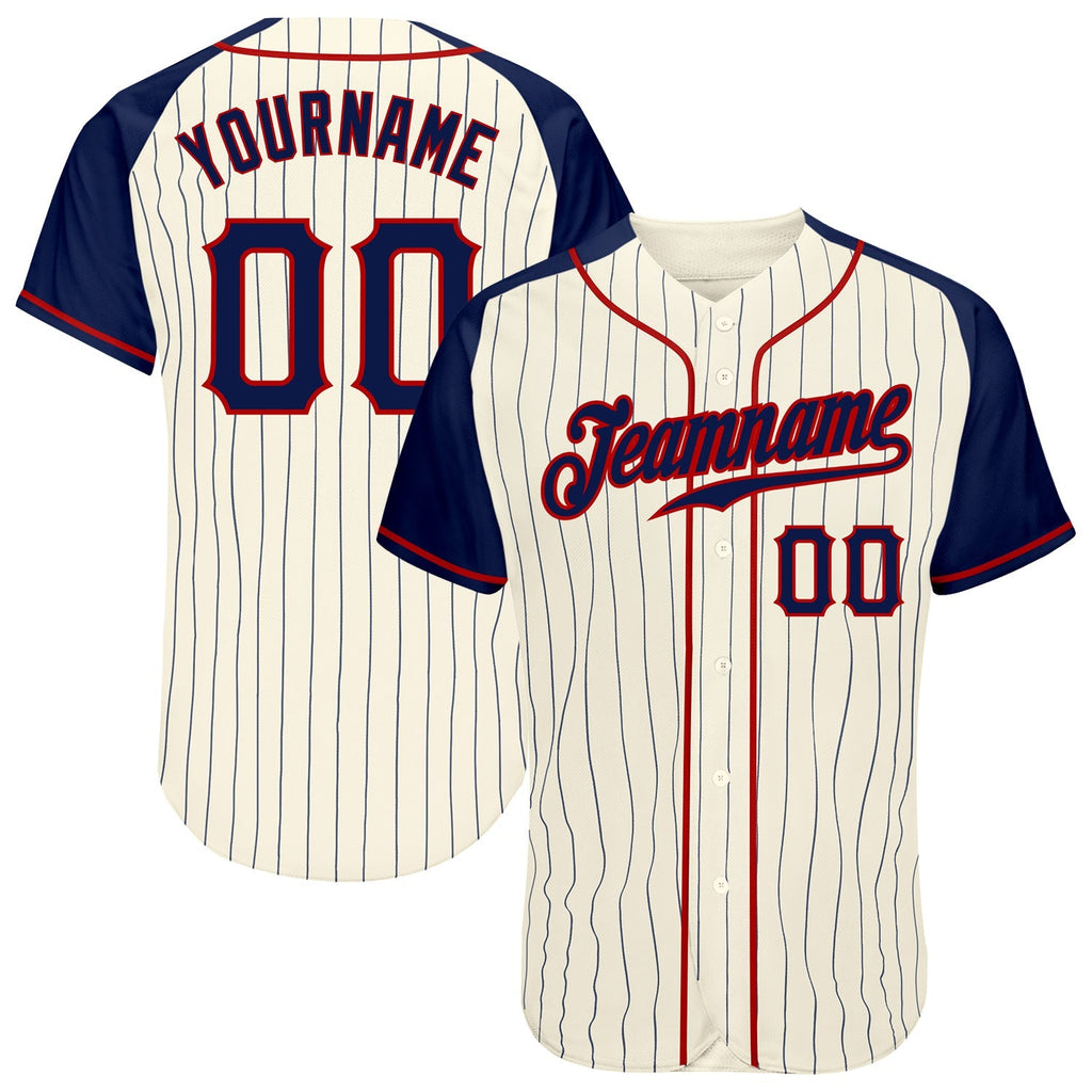 Custom Baseball Jersey - Cream Navy Pinstripe Navy-Red Raglan Sleeves