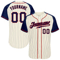 Custom Baseball Jersey - Cream Navy Pinstripe Navy-Red Raglan Sleeves