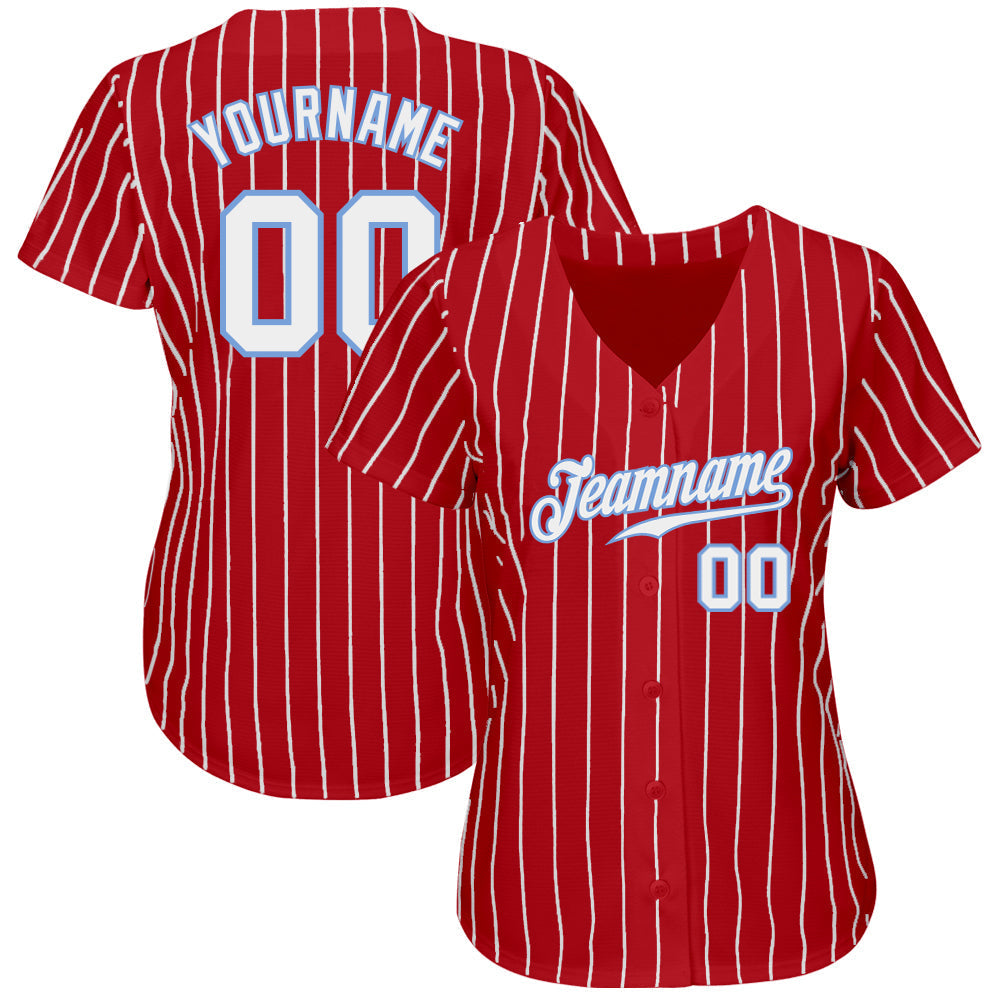 Custom Baseball Jersey - Red White Pinstripe White-Light Blue
