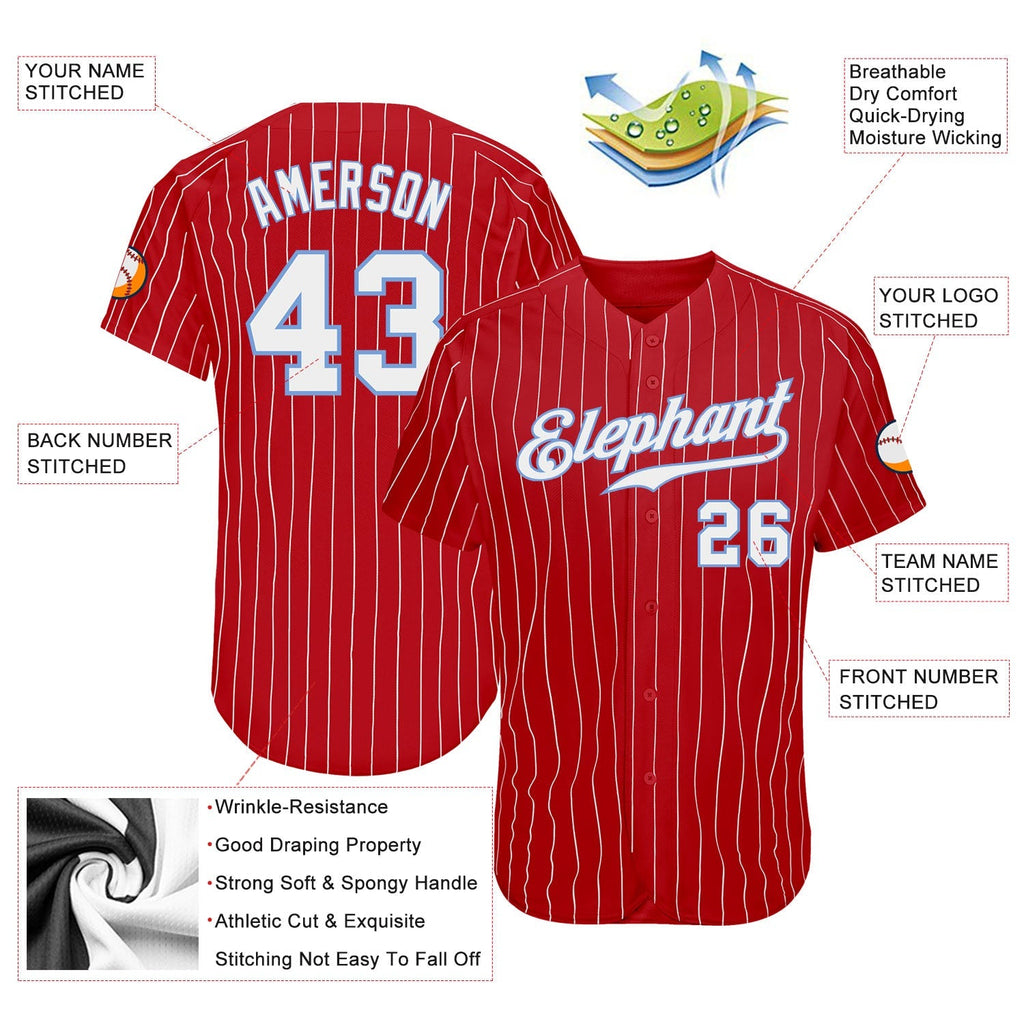 Custom Baseball Jersey - Red White Pinstripe White-Light Blue