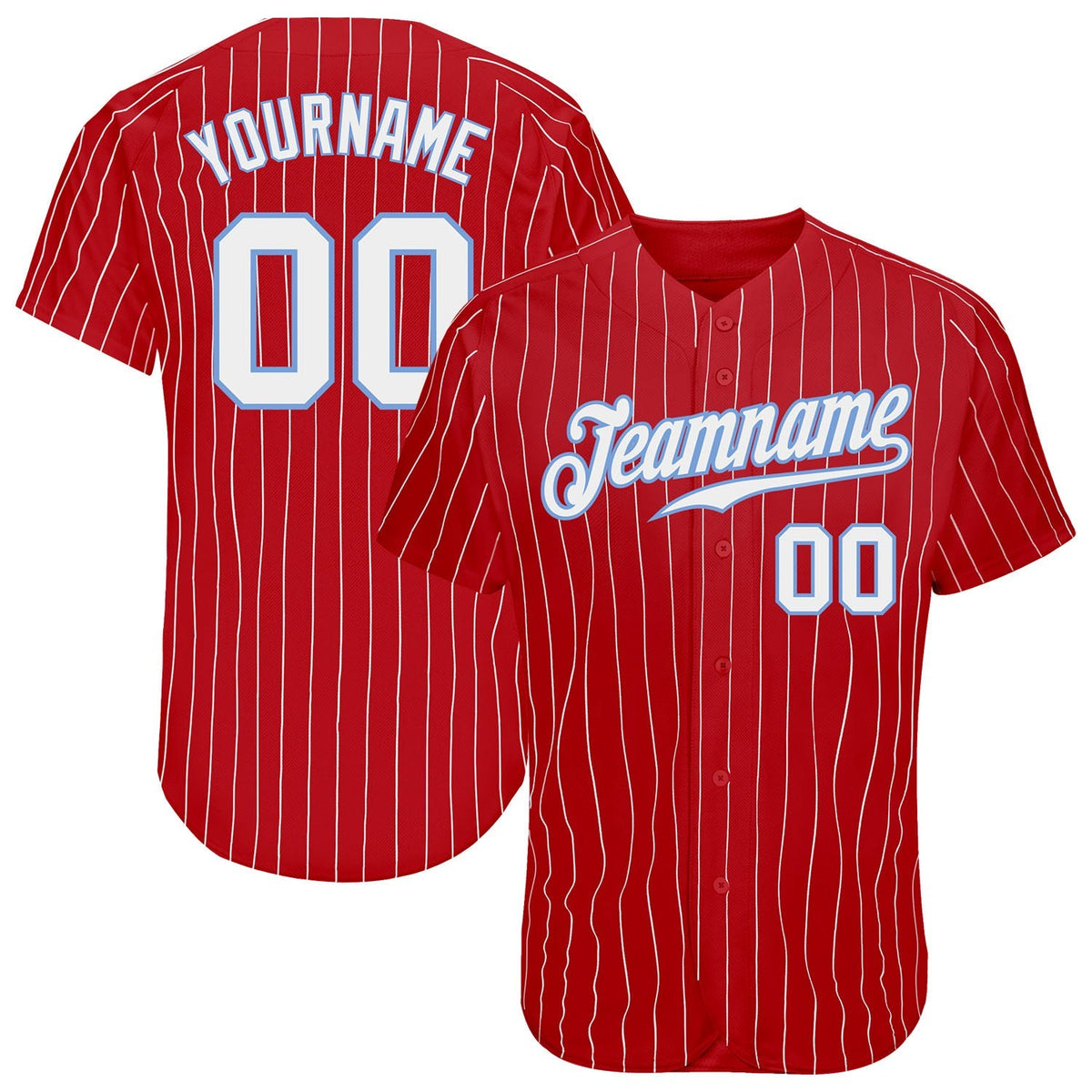 Custom Baseball Jersey - Red White Pinstripe White-Light Blue