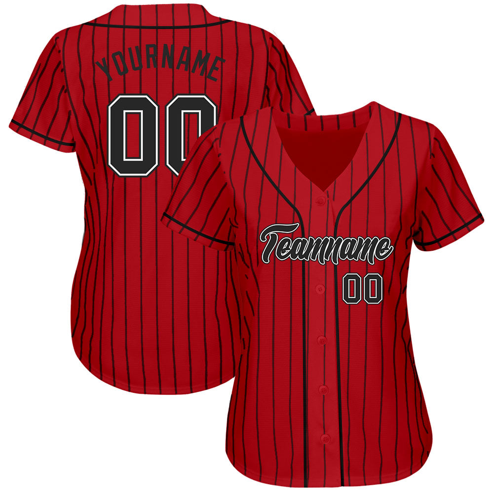 Custom Baseball Jersey - Red Black Pinstripe Black-White - Style Red0222
