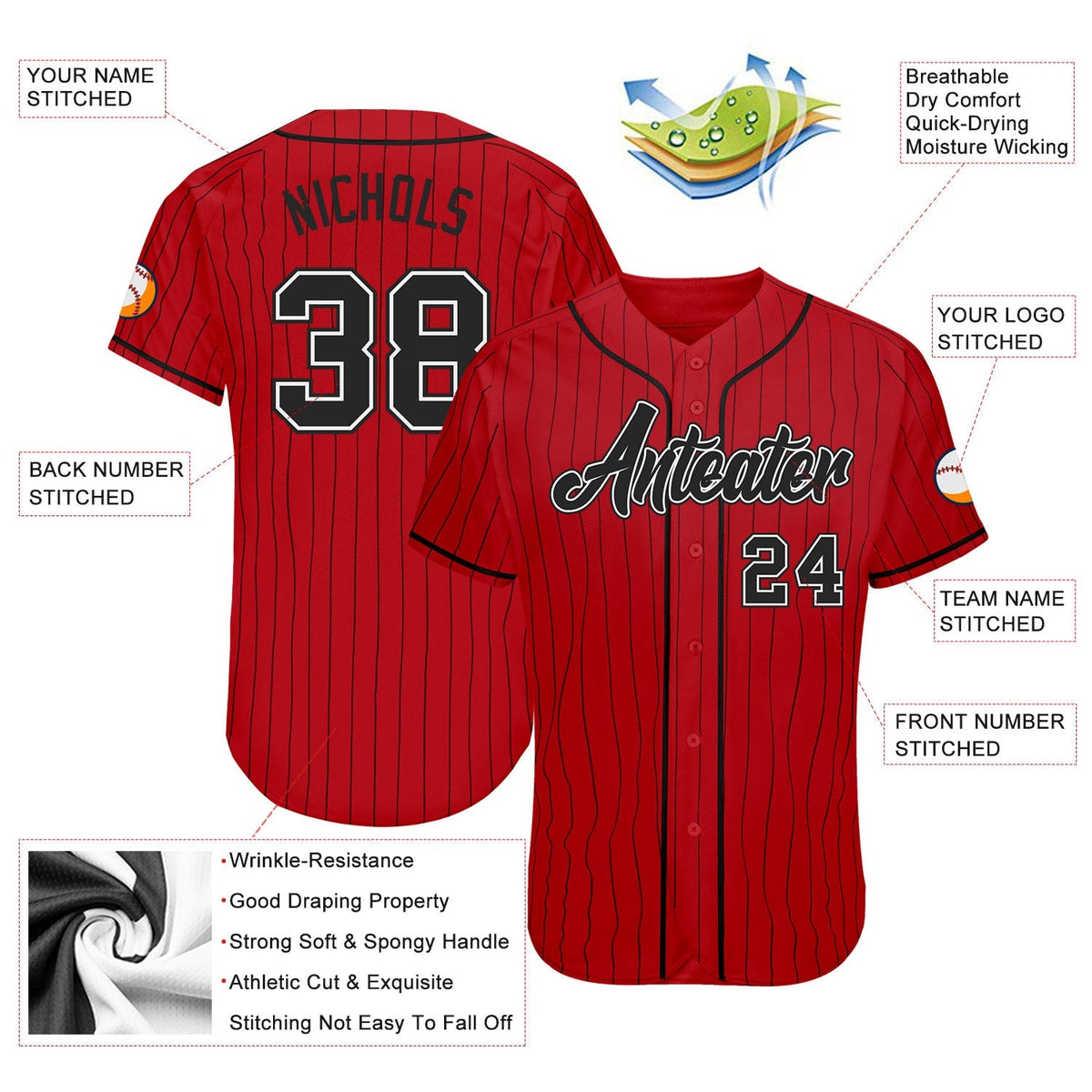 Custom Baseball Jersey - Red Black Pinstripe Black-White - Style Red0222