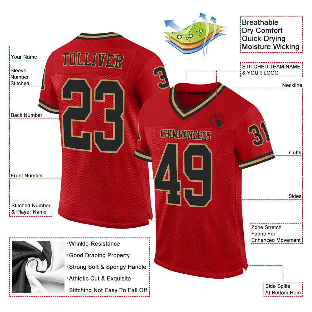 Custom Football Jersey - Red Black-Old Gold Mesh Throwback