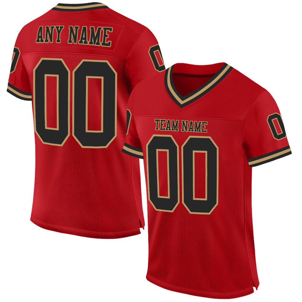 Custom Football Jersey - Red Black-Old Gold Mesh Throwback