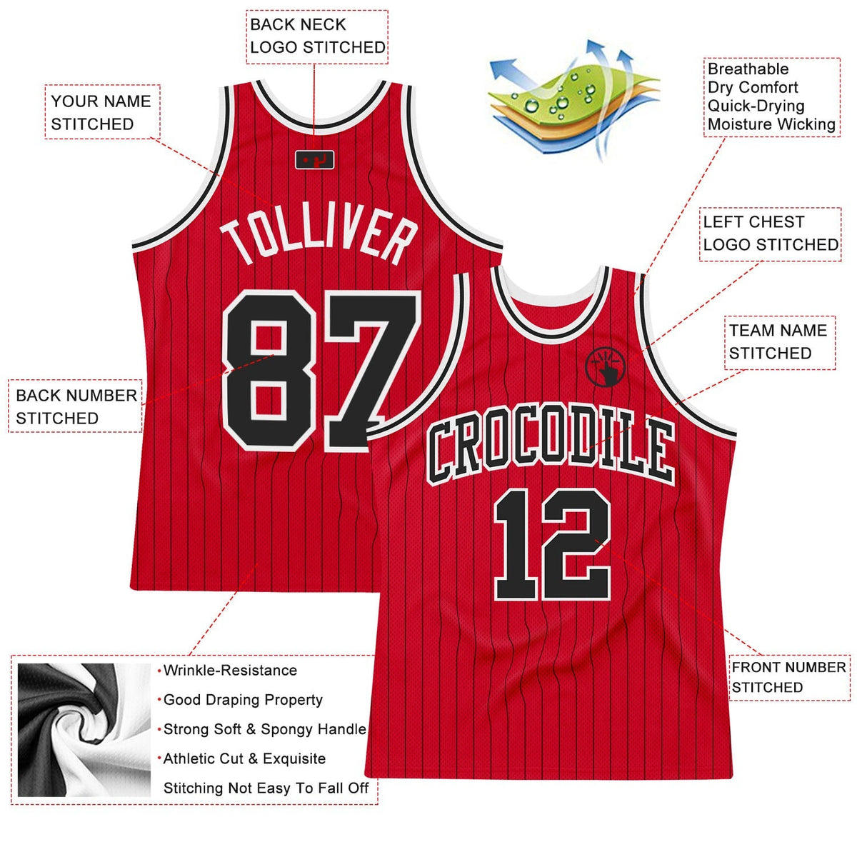 Custom Basketball Jersey - Red Black Pinstripe Black-White - Style Red0561