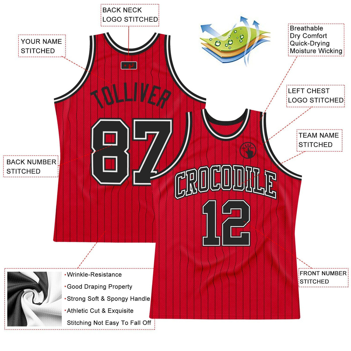 Custom Basketball Jersey - Red Black Pinstripe Black-White - Style Red0562
