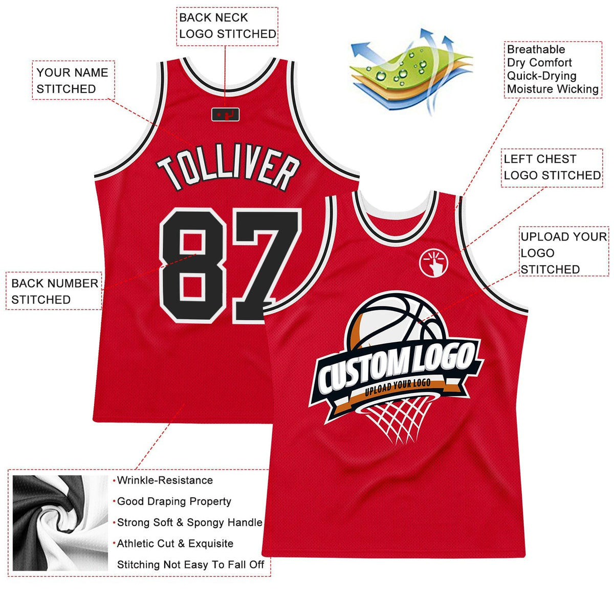 Custom Basketball Jersey - Red Black-White Throwback - Style Red0623