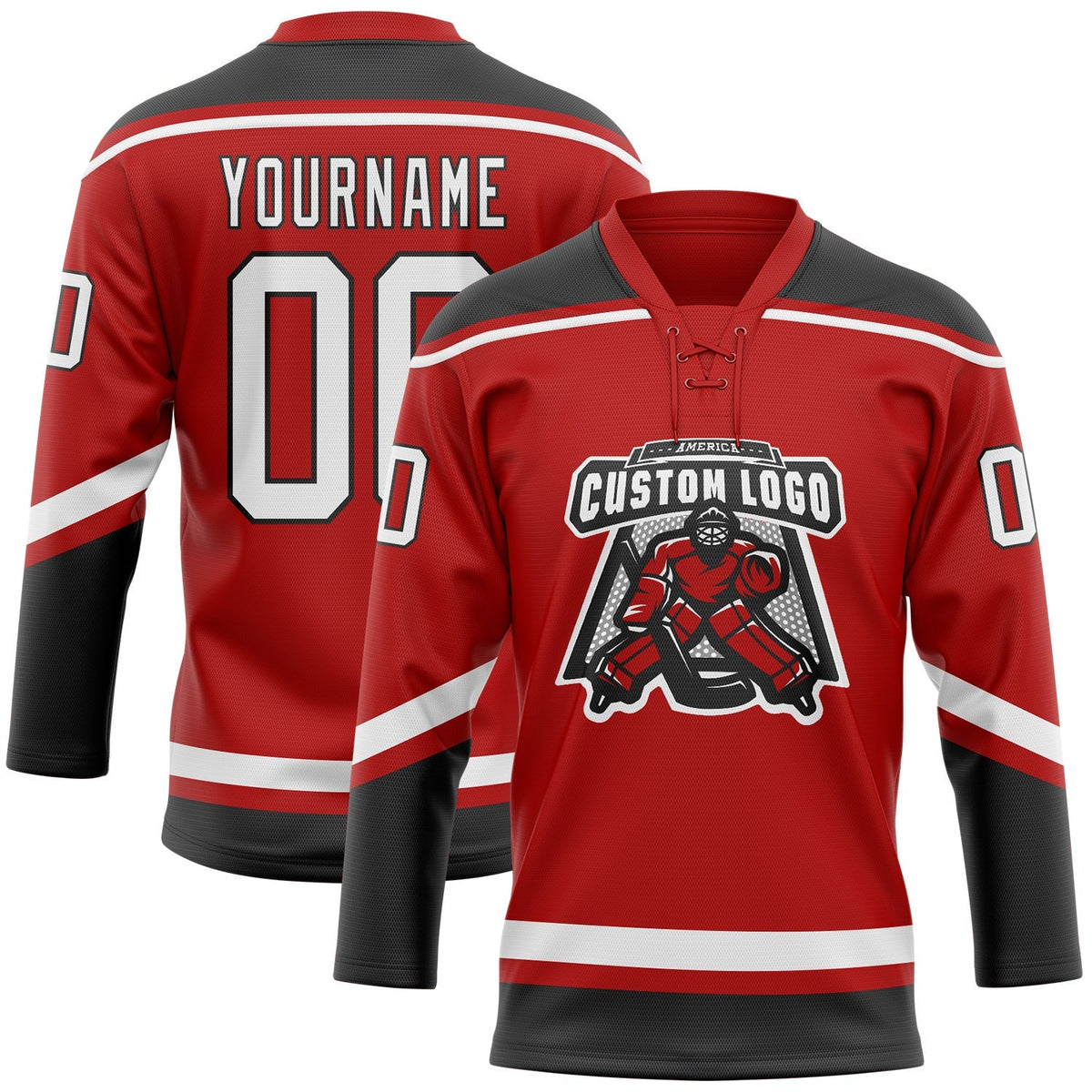 Custom Hockey Jersey - Red White-Black Lace Neck - Style Red0644