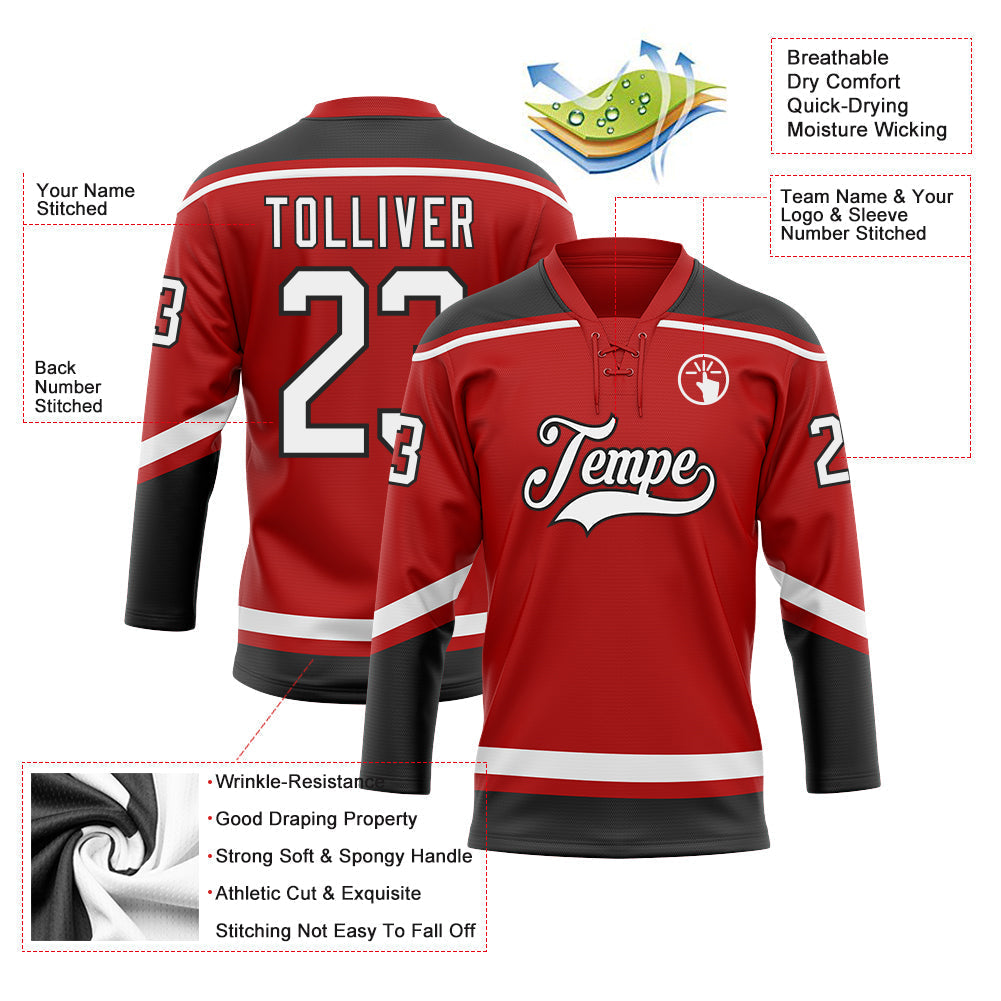 Custom Hockey Jersey - Red White-Black Lace Neck - Style Red0644