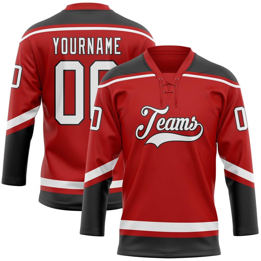 Custom Hockey Jersey - Red White-Black Lace Neck - Style Red0644