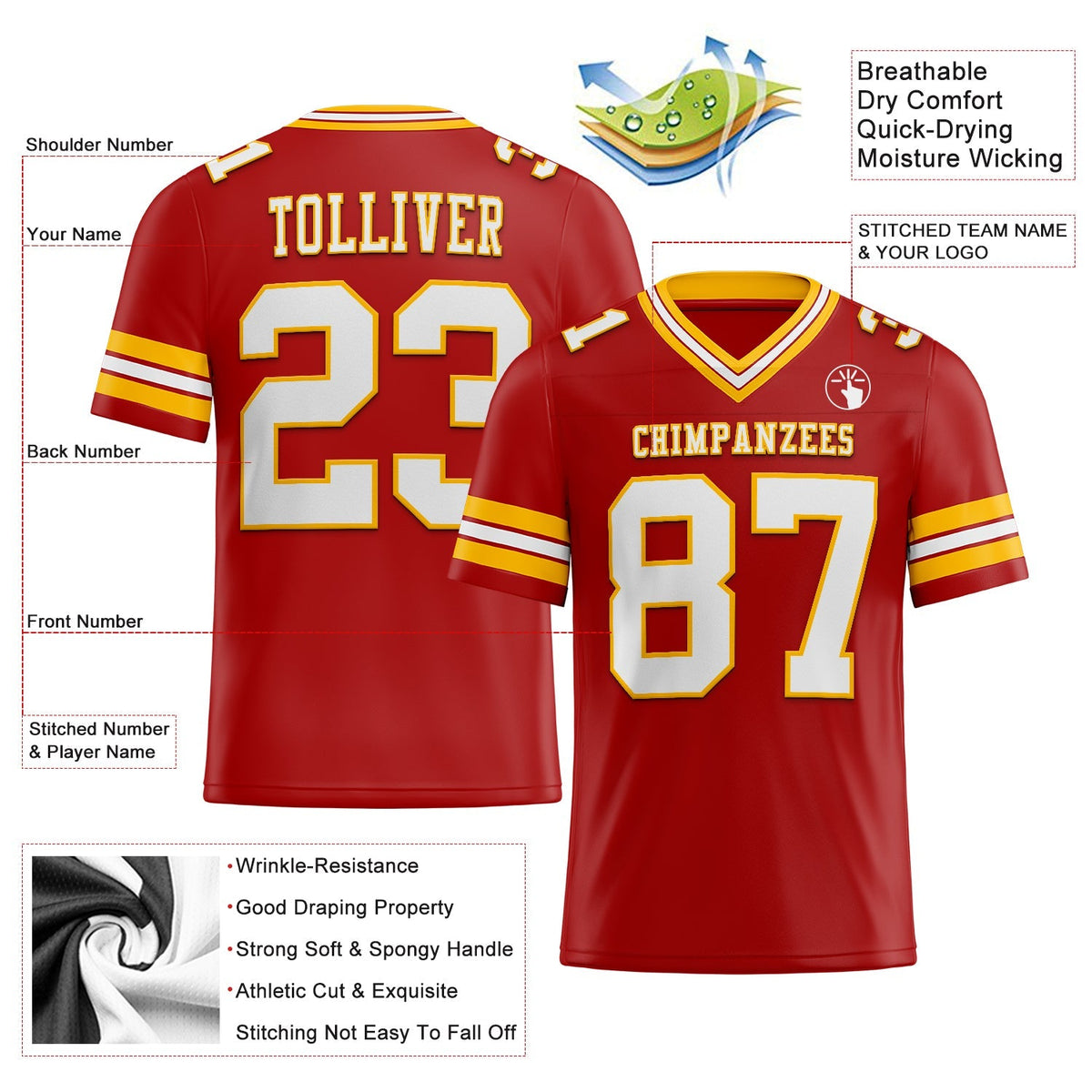 Custom Football Jersey - Red White-Gold