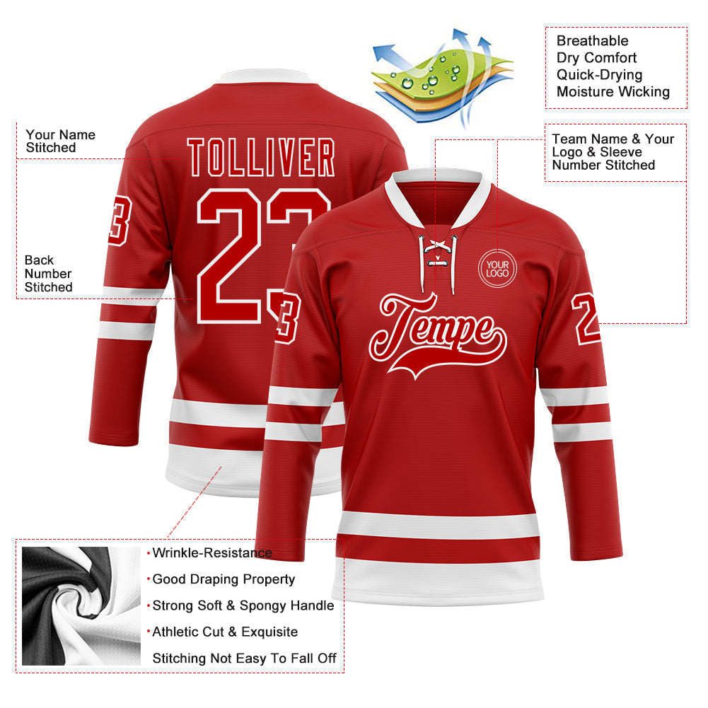 Custom Hockey Jersey - Red White Lace Neck