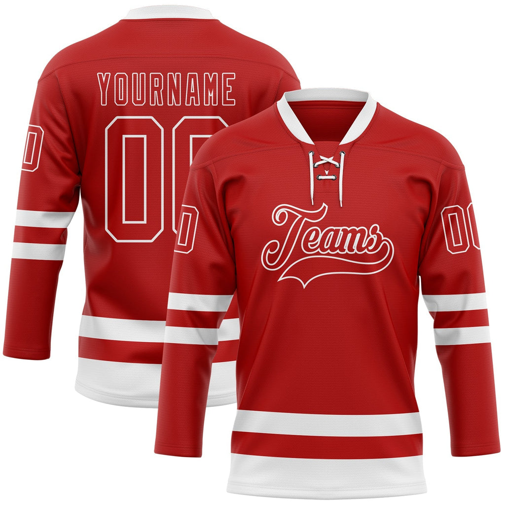 Custom Hockey Jersey - Red White Lace Neck