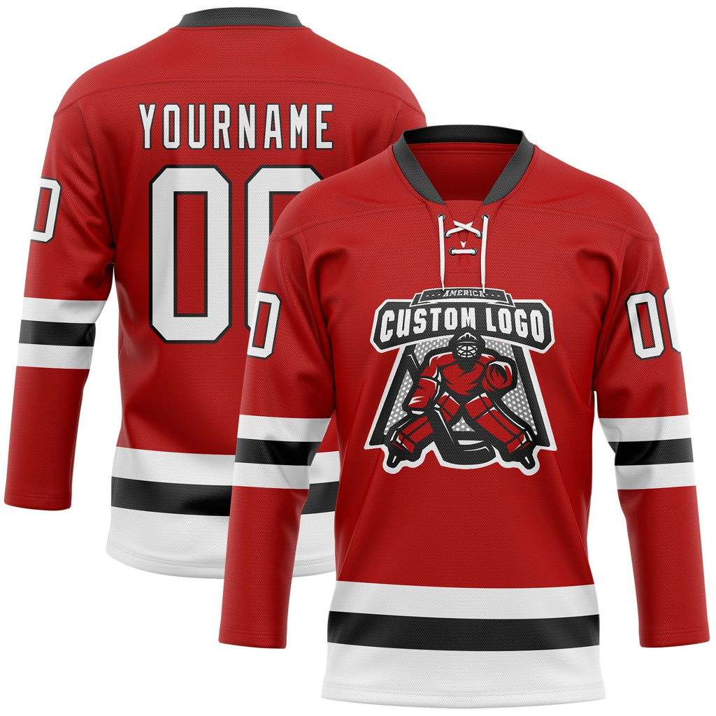 Custom Hockey Jersey - Red White-Black Lace Neck - Style Red0803