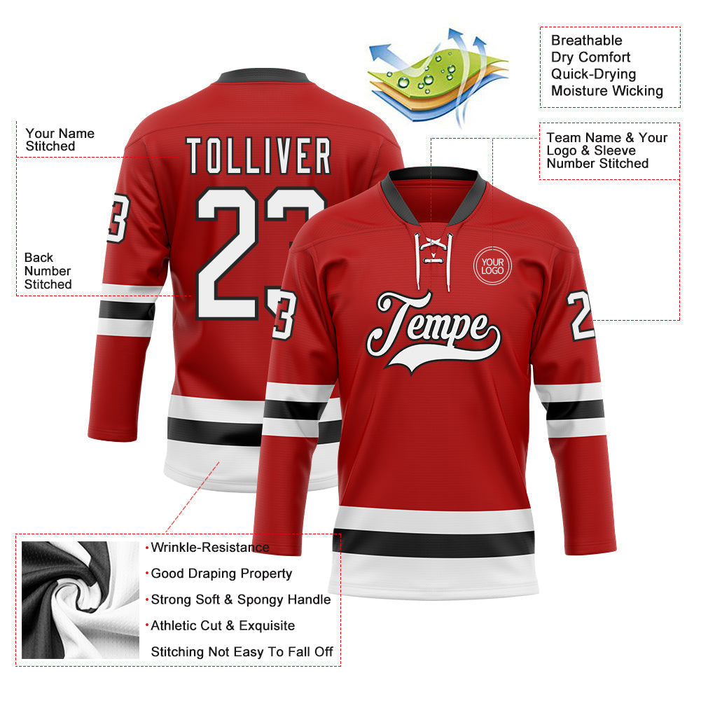 Custom Hockey Jersey - Red White-Black Lace Neck - Style Red0803