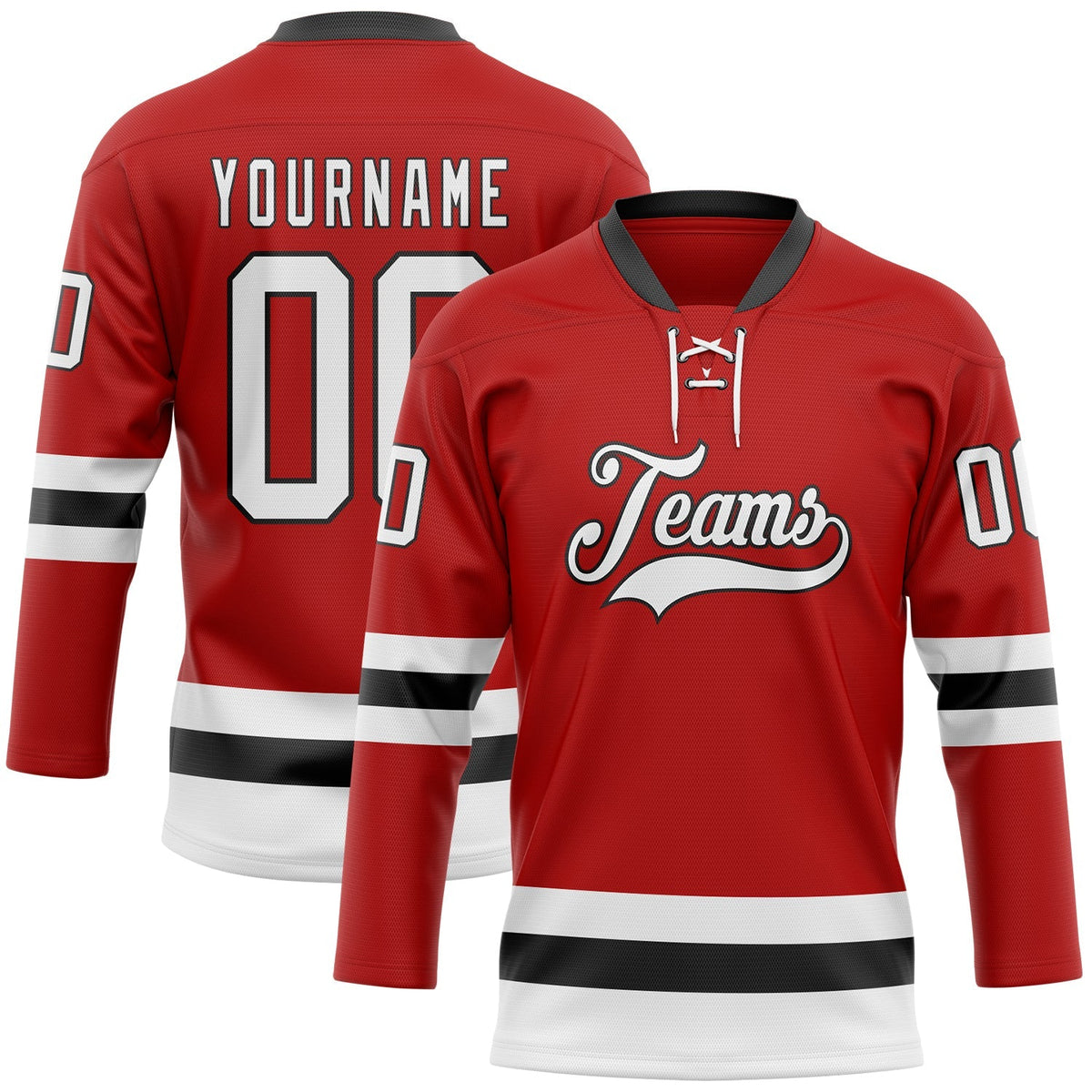 Custom Hockey Jersey - Red White-Black Lace Neck - Style Red0803