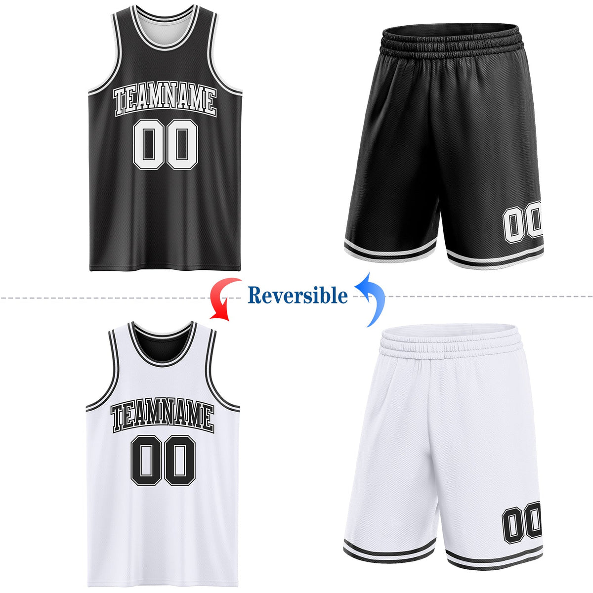 Custom Basketball Jersey - Reversible Black White Double Side Sublimation Set - Style ReversibleD0001