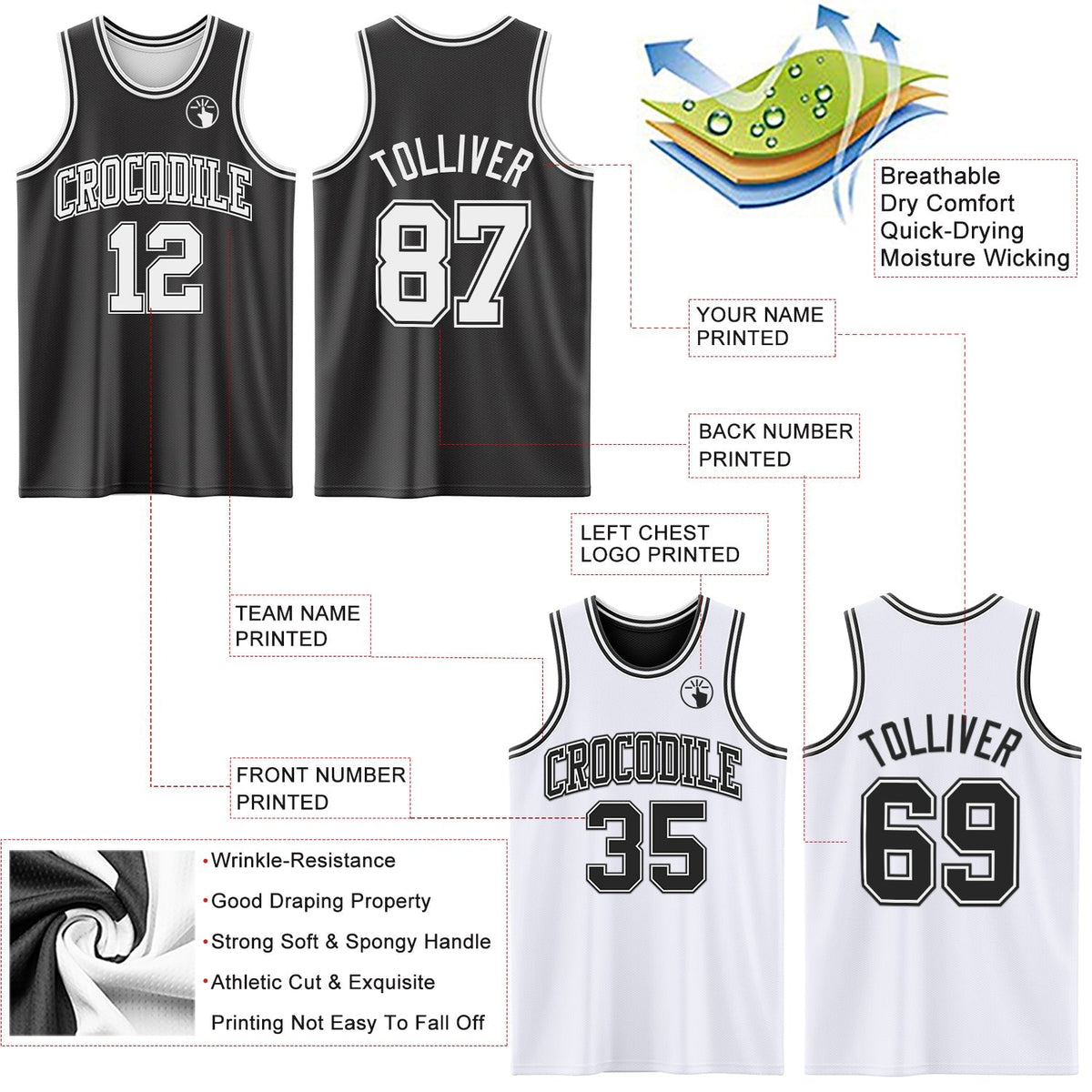 Custom Basketball Jersey - Reversible Black White Double Side Sublimation Set - Style ReversibleD0001