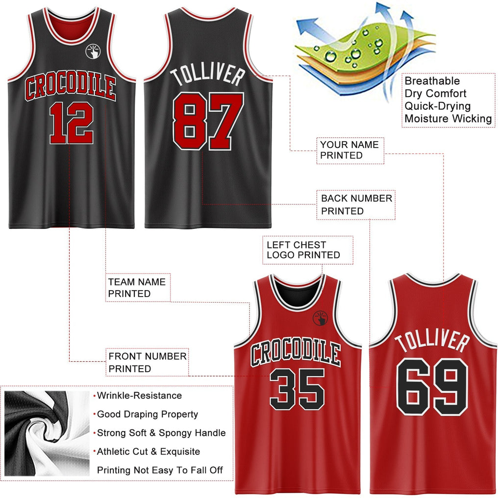 Custom Basketball Jersey - Reversible Black Red-White Double Side Sublimation Set - Style ReversibleD0003