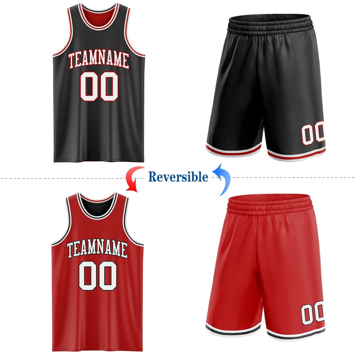 Custom Basketball Jersey - Reversible Black White-Red Double Side Sublimation Set