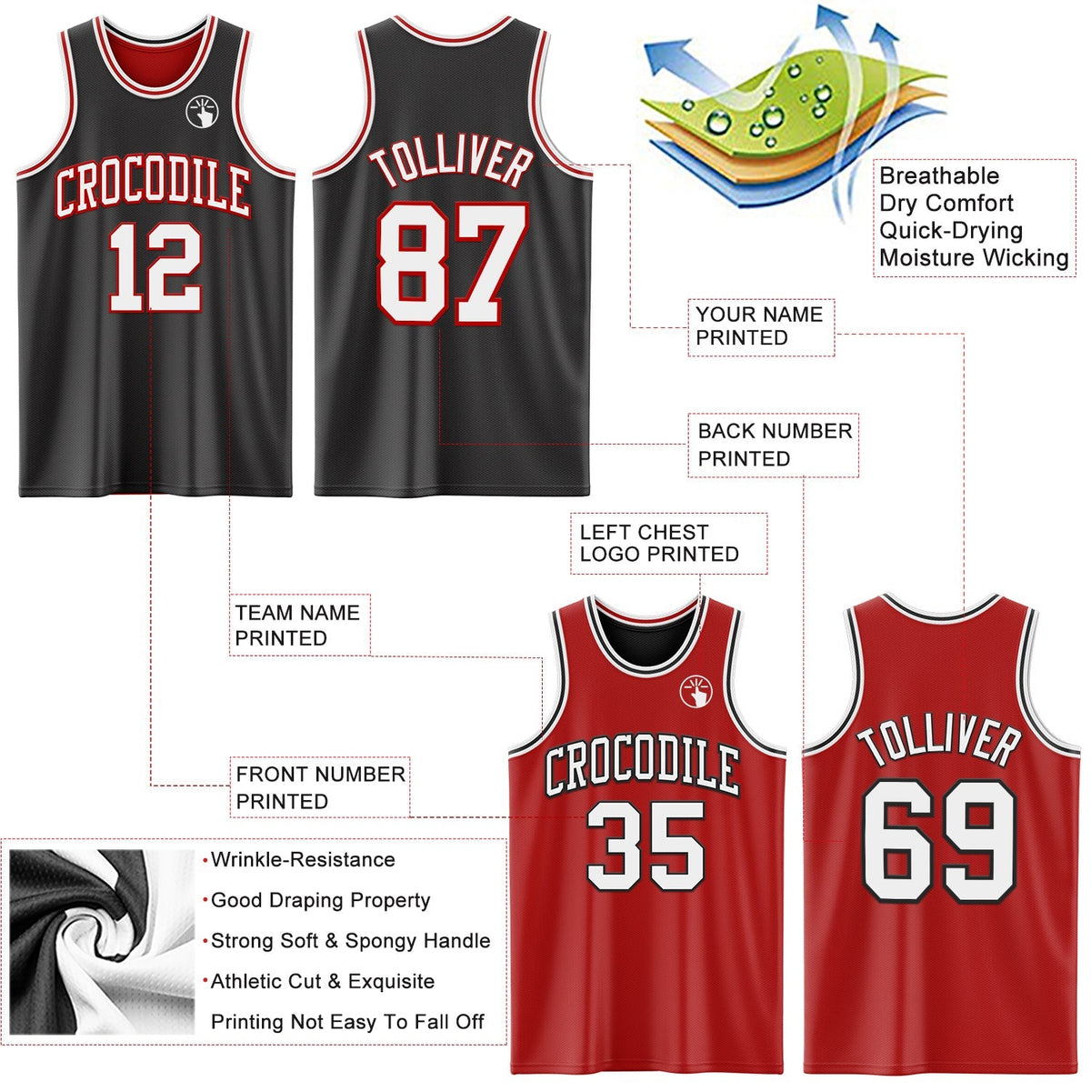 Custom Basketball Jersey - Reversible Black White-Red Double Side Sublimation Set