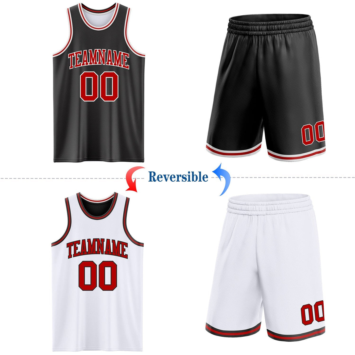 Custom Basketball Jersey - Reversible Black Red-White Double Side Sublimation Set - Style ReversibleD0006