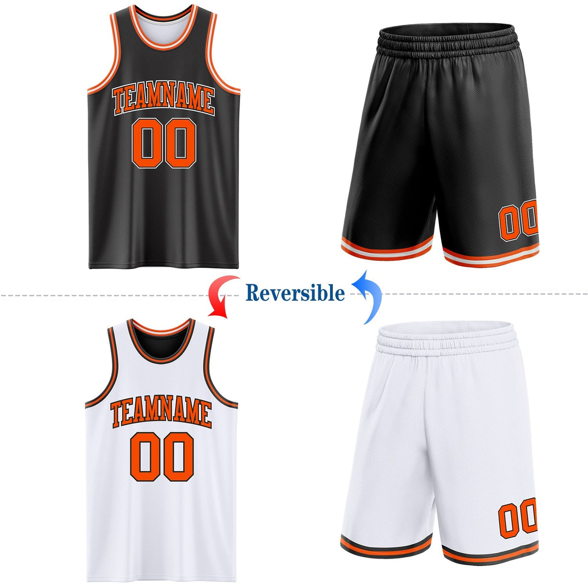 Custom Basketball Jersey - Reversible Black Orange-White Double Side Sublimation Set