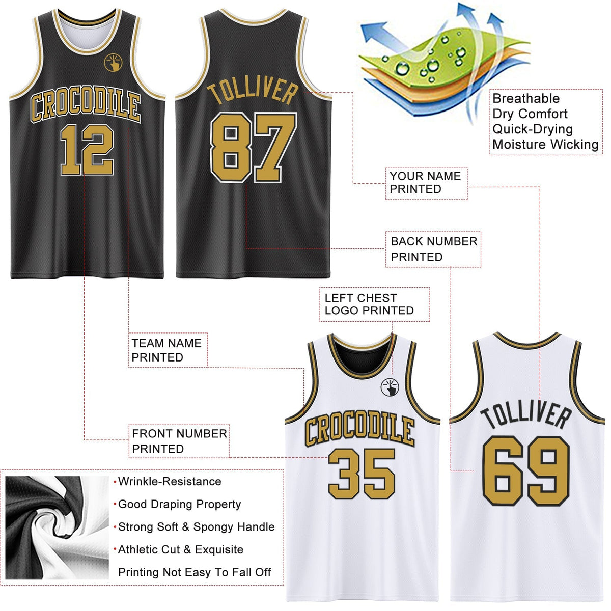 Custom Basketball Jersey - Reversible Black Old Gold-White Double Side Sublimation Set