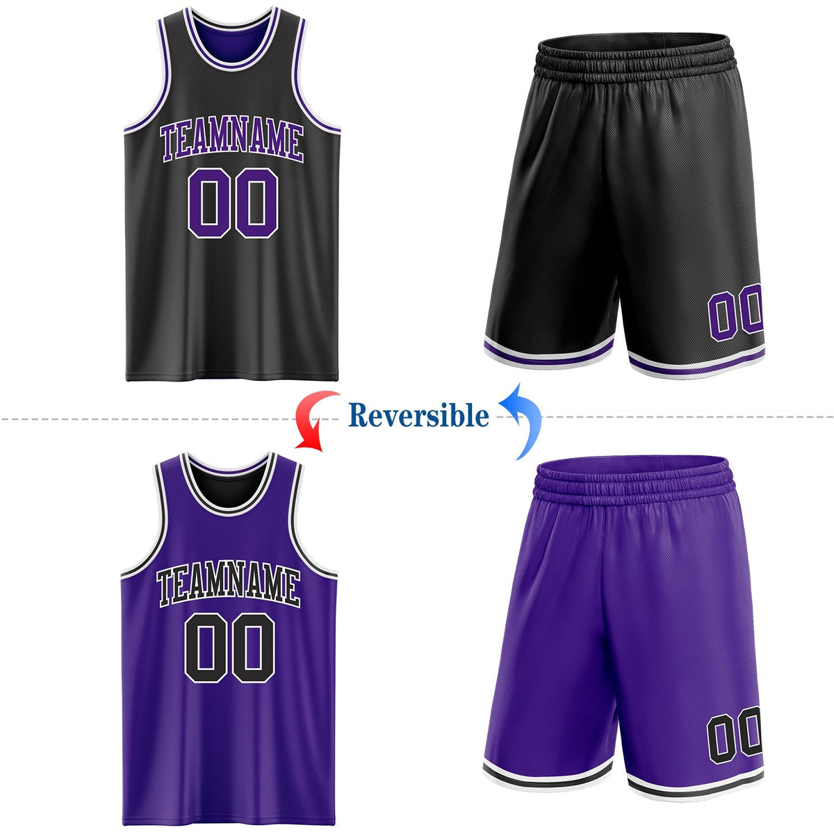 Custom Basketball Jersey - Reversible Black Purple-White Double Side Sublimation Set