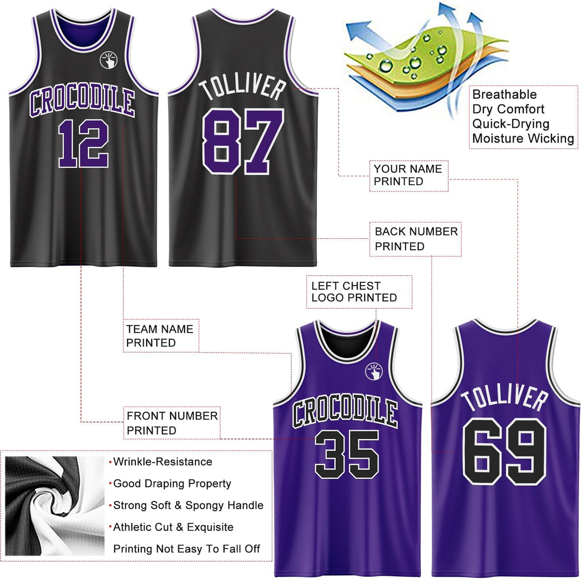 Custom Basketball Jersey - Reversible Black Purple-White Double Side Sublimation Set