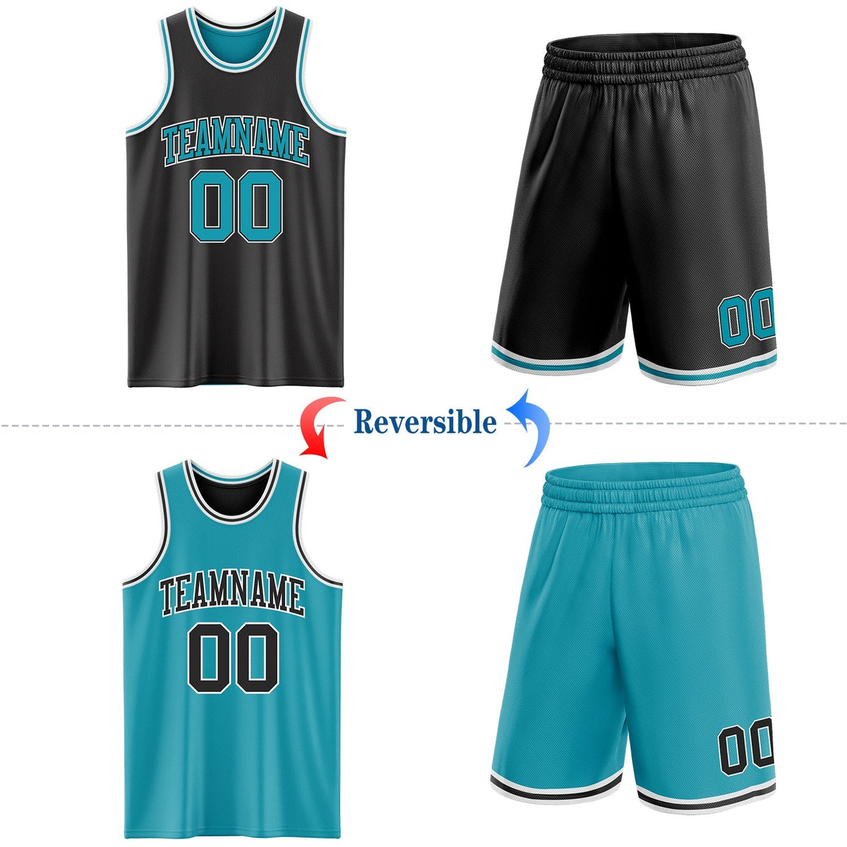 Custom Basketball Jersey - Reversible Black Teal-White Double Side Sublimation Set