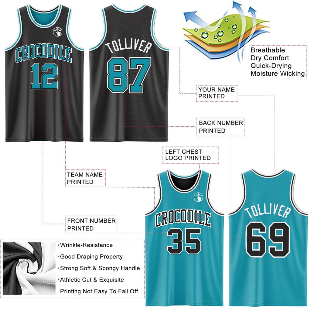 Custom Basketball Jersey - Reversible Black Teal-White Double Side Sublimation Set