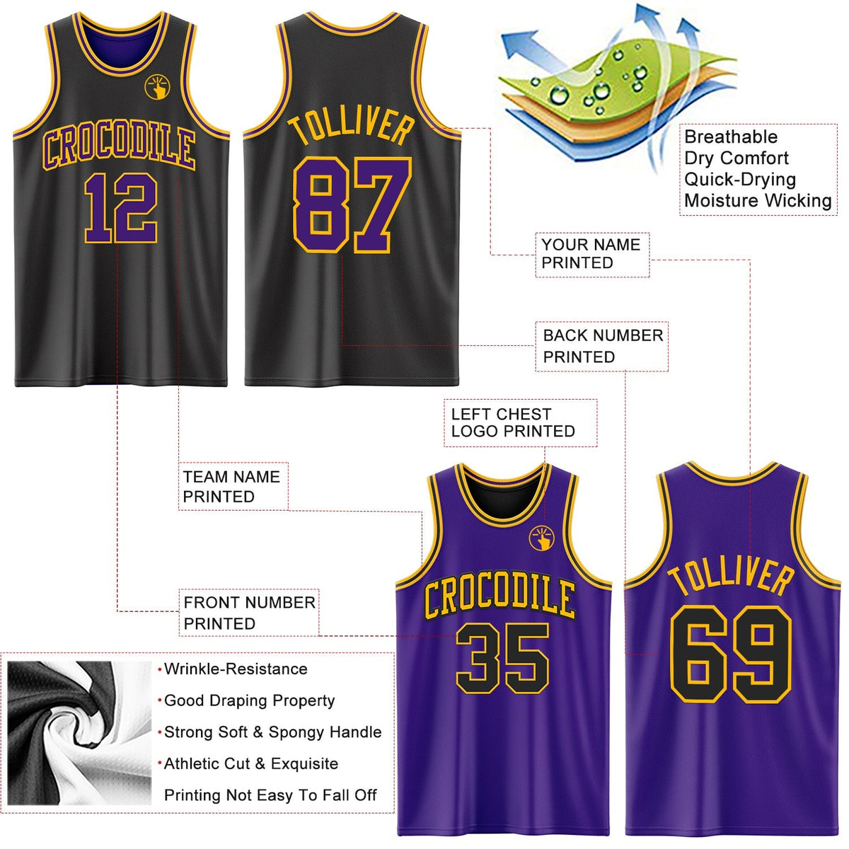 Custom Basketball Jersey - Reversible Black Purple-Gold Double Side Sublimation Set