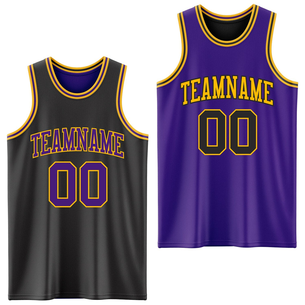 Custom Basketball Jersey - Reversible Black Purple-Gold Double Side Sublimation Set