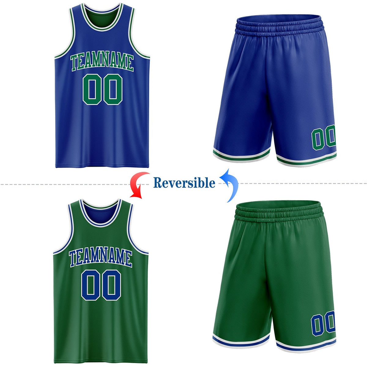 Custom Basketball Jersey - Royal Kelly Green-White Reversible Double Side Sublimation Set