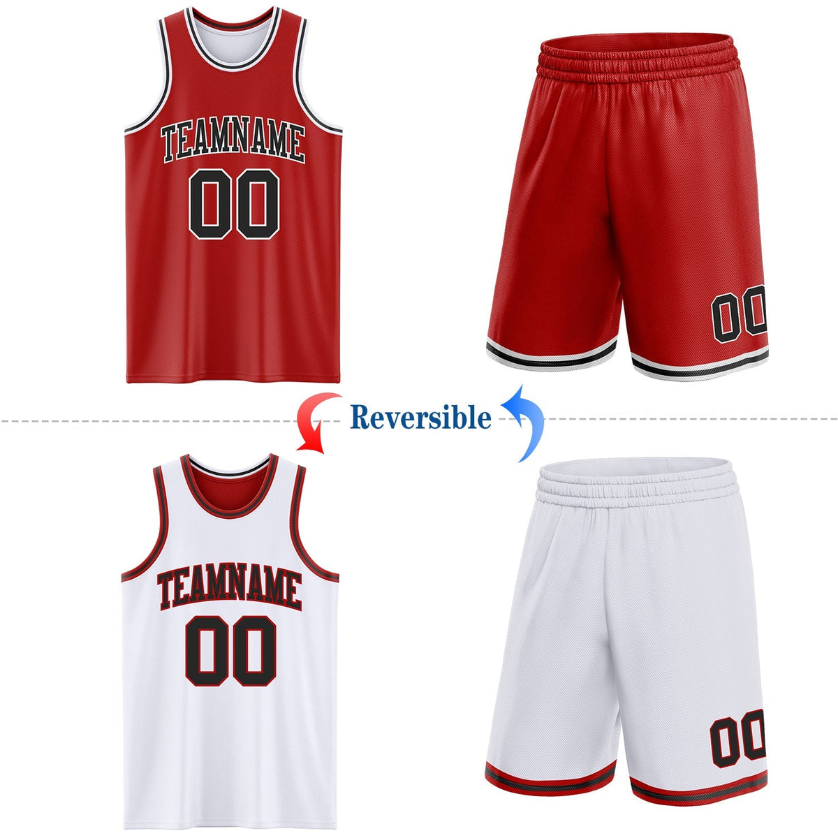 Custom Basketball Jersey - Red Black-White Reversible Double Side Sublimation Set