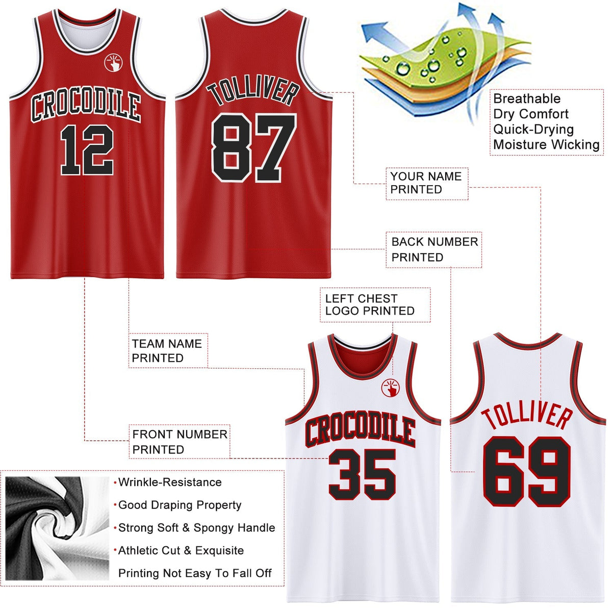 Custom Basketball Jersey - Red Black-White Reversible Double Side Sublimation Set