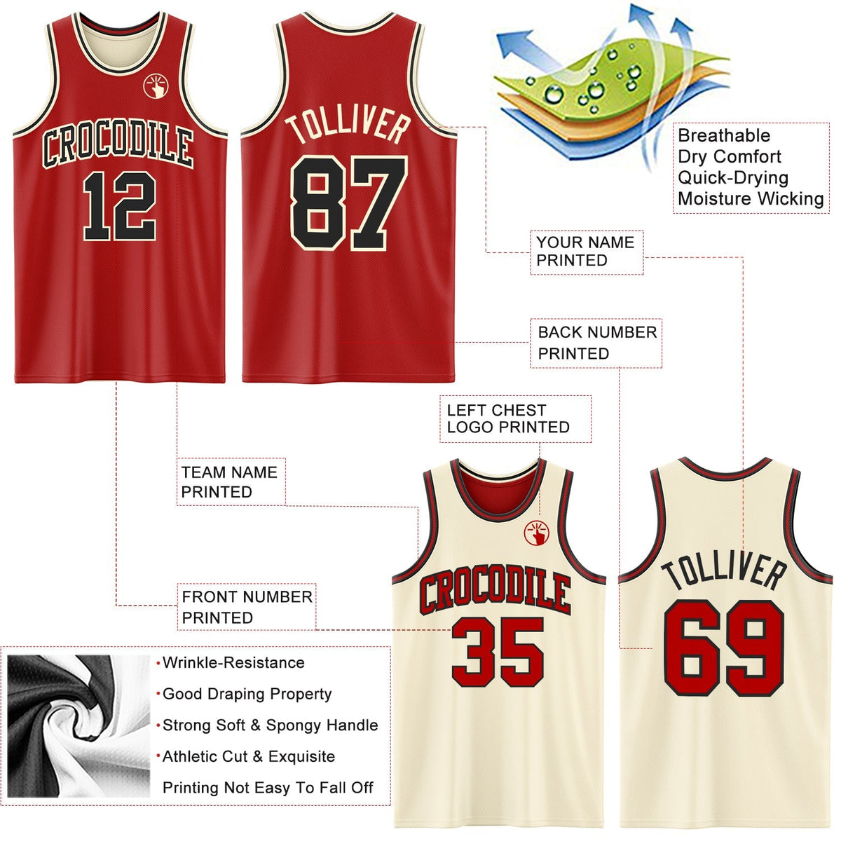 Custom Basketball Jersey - Red Black-Cream Reversible Double Side Sublimation Set
