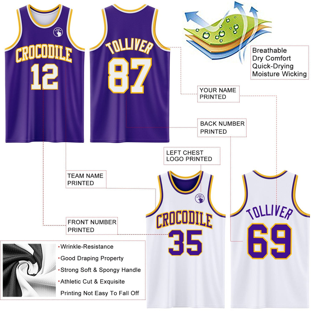 Custom Basketball Jersey - Purple White-Gold Reversible Double Side Sublimation Set