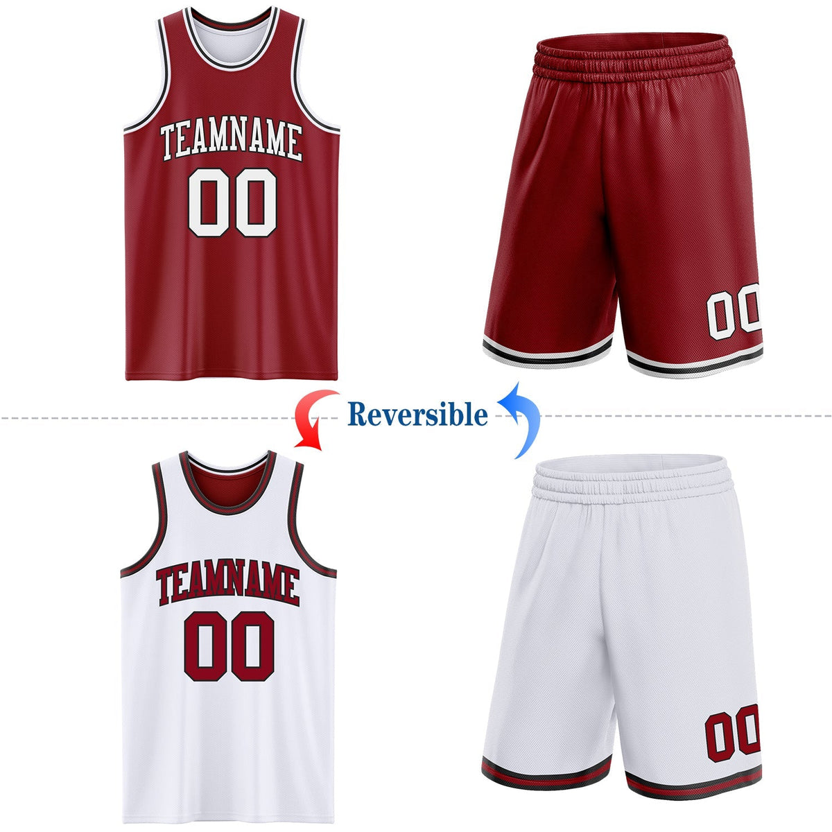 Custom Basketball Jersey - Reversible Maroon White-Black Double Side Sublimation Set