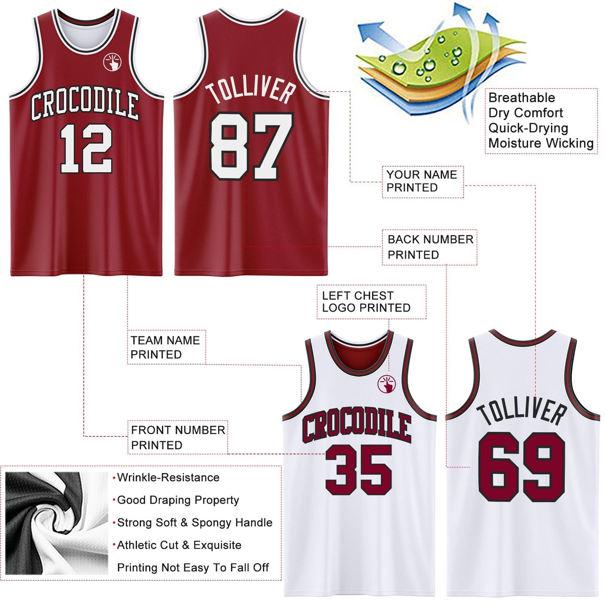 Custom Basketball Jersey - Reversible Maroon White-Black Double Side Sublimation Set